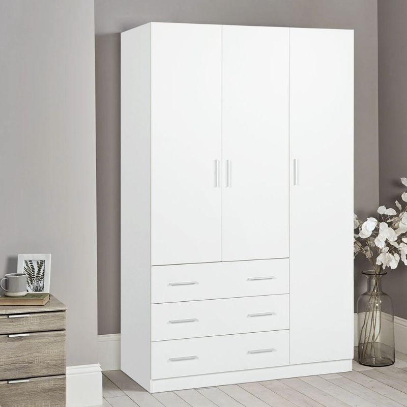 Armario Ropero Blanco 200x120x58 cm con 3 Puertas y 3 Cajones