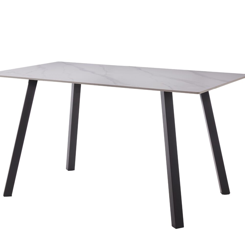 Mesa de Comedor 75×80×140 cm con Tapa Efecto Mármol Blanco y Patas Negras