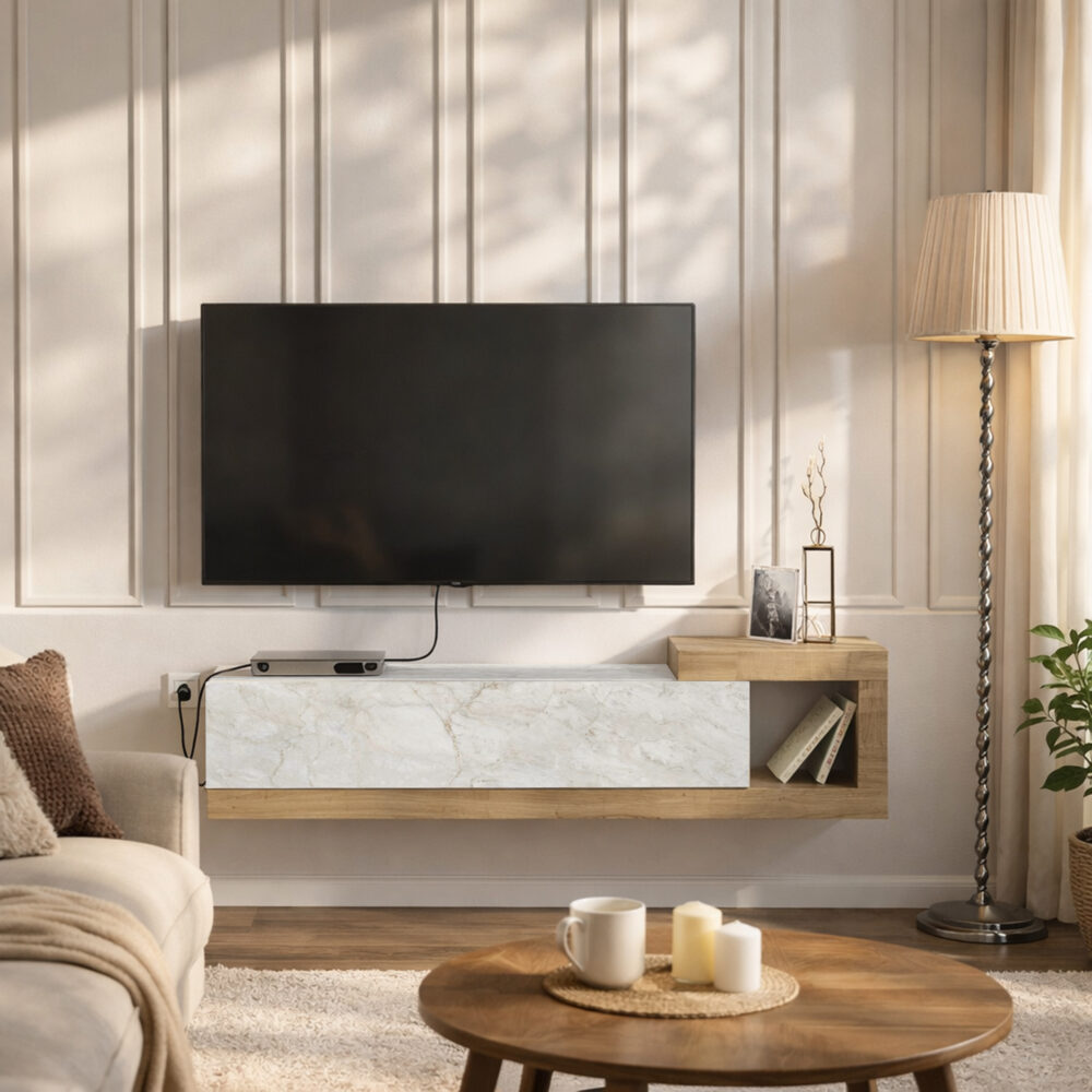 Mueble TV Volare en Mármol Blanco Zafiro